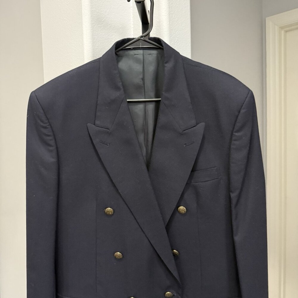 Vintage Oscar de la Renta Men’s Navy Blue Double-Breasted Blazer 42R - Picture 2 of 14